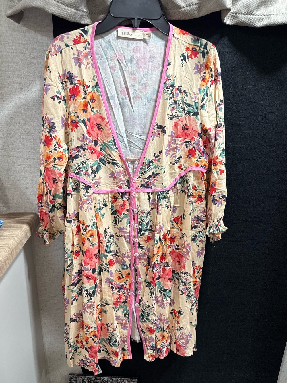 Millibon Cream Floral Button-Front Coverup with Pink Trim